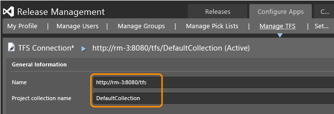 Setting the TFS configuration values in Release Management client