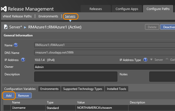 Configure Paths tab; Servers tab; from the Configuration Variables tab, click Add