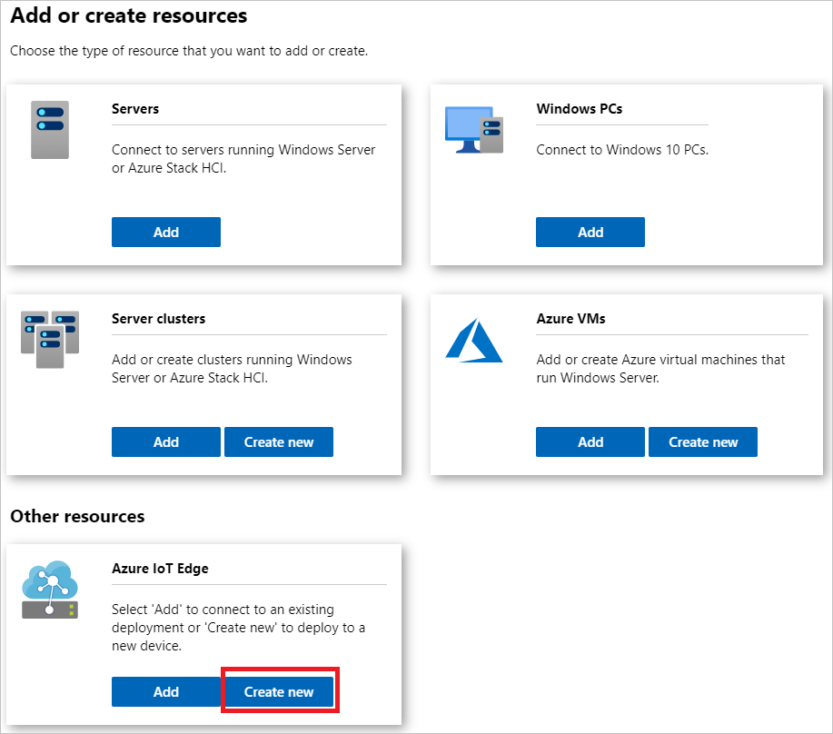 Windows Admin Center의 Azure IoT Edge 타일에서 새로 만들기 선택(PNG)