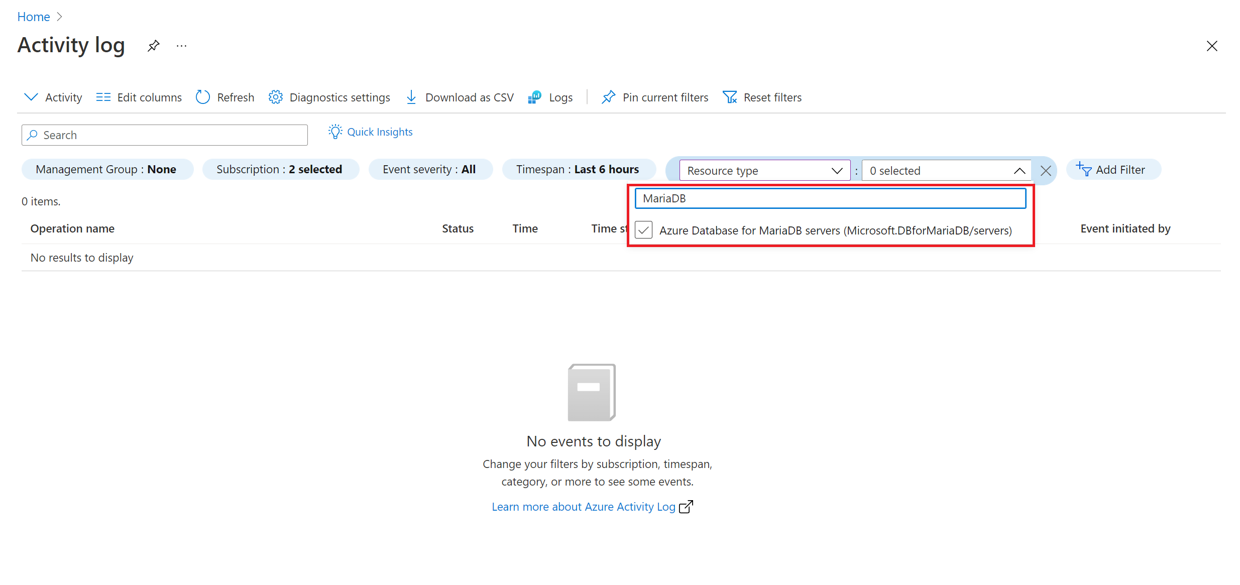 Activity log filtered for delete MariaDB server operation