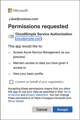 CloudSimple 서비스 권한 부여에 동의 - 전역 관리자