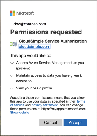 CloudSimple 서비스 권한 부여에 대한 동의 - 관리자
