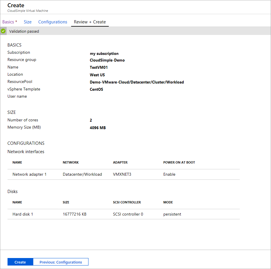 CloudSimple 가상 머신 만들기 - 검토