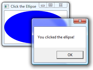 "you clicked the ellipse!" 텍스트가 있는 창