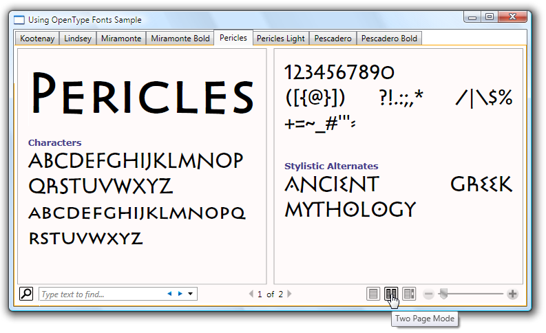 OpenType 글꼴 사용 샘플 스크린 샷