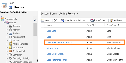 Main InteractionCentric form in the list of forms