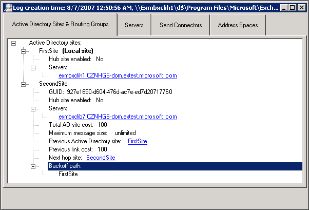 Active Directory 사이트 및 라우팅 그룹 탭