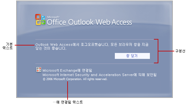 텍스트 옵션이 있는 Outlook Web App 로그아웃 페이지