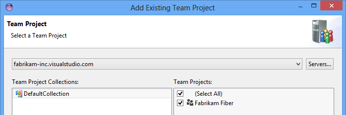 Add Existing Team Project dialog box, with the collection and project selected