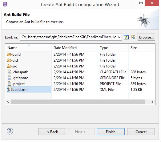 Ant build file page of the Ant build coniguration wizard with the project build file selected
