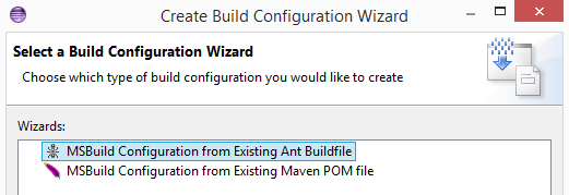 Create build configuration wizard, select a build configuration wizard page with Ant selected