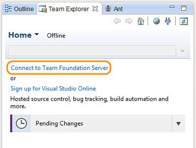 Pending changes view, Connect to Team Foundation Server link