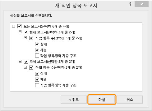 확장된 노드, 새 작업 항목 보고서 대화 상자