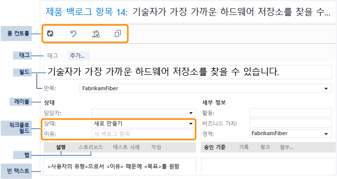 작업 항목 폼 요소 및 컨트롤