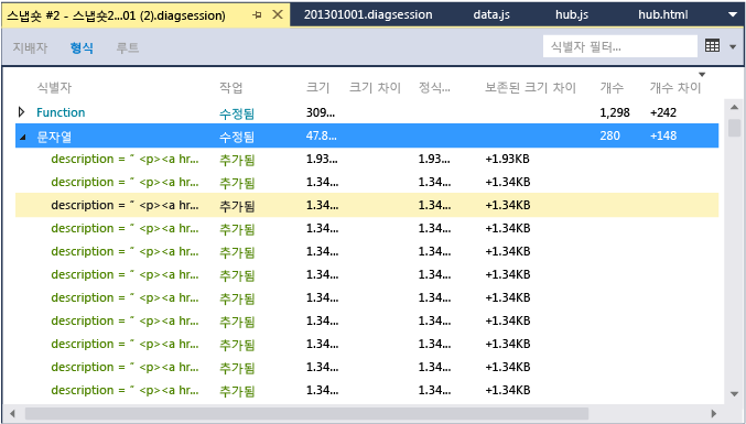 형식을 보여 주는 스냅숏 차이 뷰