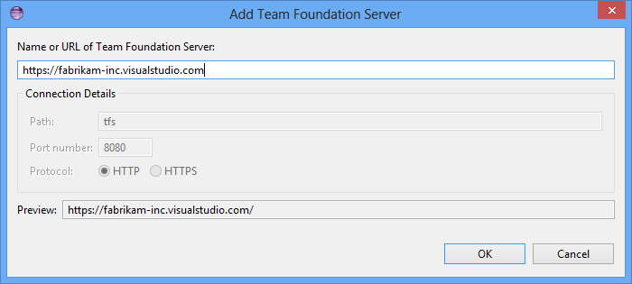 Add Team Foundation Server dialog box with the server URL specified