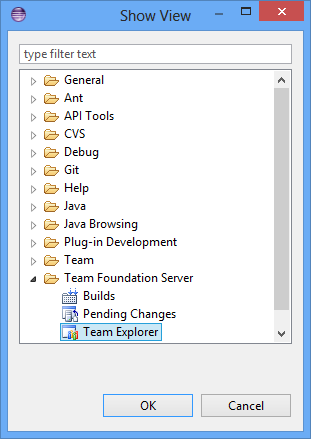 Show View dialog box, Team Foundation Server expanded, Pending Changes and Team Explorer selected