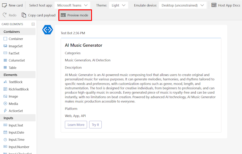 스크린샷은 적응형 카드 템플릿 및 샘플 데이터가 있는 적응형 카드 디자이너를 보여줍니다.