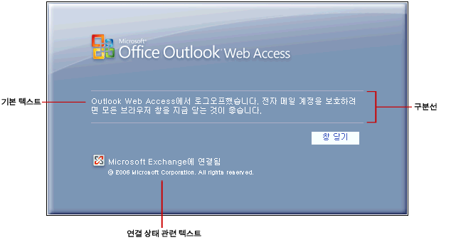 텍스트 옵션이 있는 Outlook Web Access 로그오프 페이지