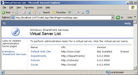 가상 서버 목록 - Windows SharePoint Server 2