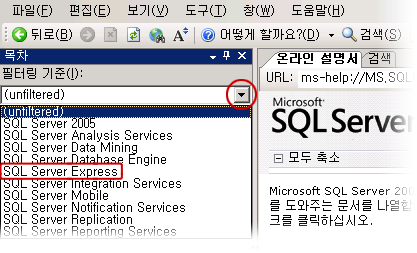 온라인 설명서의 SQL Server Express 필터