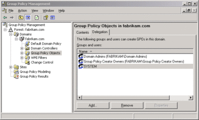 그림 4 GPMC의 Group Policy Objects(그룹 정책 개체) 노드에 있는 Delegation(위임) 탭의 계정 목록에 의해 제어되는 GPO 만들기 권한