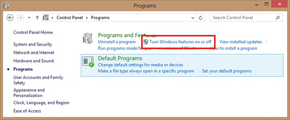 제어판 페이지의 Windows 기능 켜기 또는 끄기 옵션 스크린샷