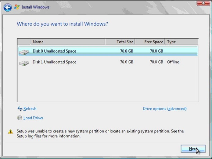 Windows 설치 창 아래쪽에 표시되는 오류 메시지의 스크린샷