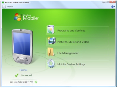 Windows Mobile Device Center 창의 스크린샷.