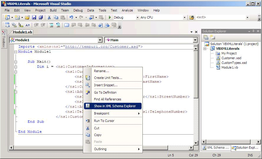 Visual Basic XML 리터럴; XML 스키마 탐색기