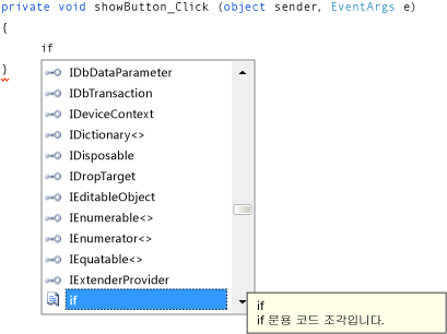 Visual C# 코드가 사용된 IntelliSense
