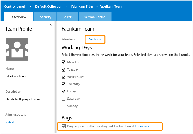 Team Settings page, track bugs on backlog