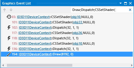 gfx_diag_demo_compute_shader_fluid_step_4 The EL shows draw, Dispatch and CSSetShader events
