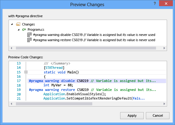 Vs_ide_gs_debug_light_bulb_preview_changes Visual Studio 2015 Light Bulb preview