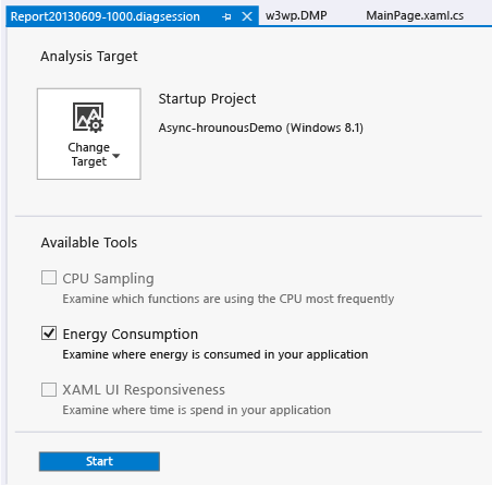 ENERGYPROF_DiagnosticsHub Choose Energy Consumption in the diagnostics hub