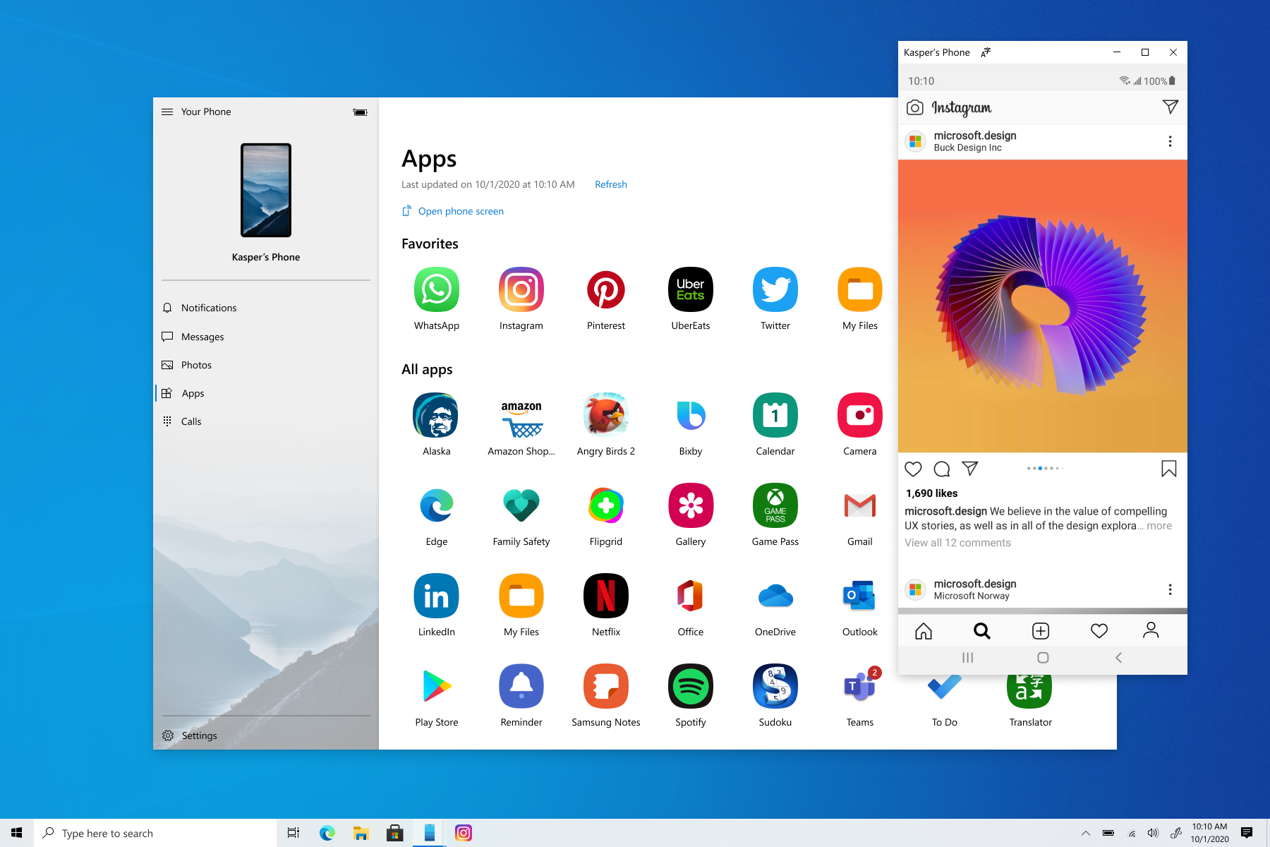 Screenshot that shows the mobile phone's apps and open Instagram panel.