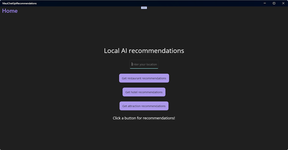권장 사항을 제공하기 위한 UI가 포함된 Windows .NET MAUI 앱.
