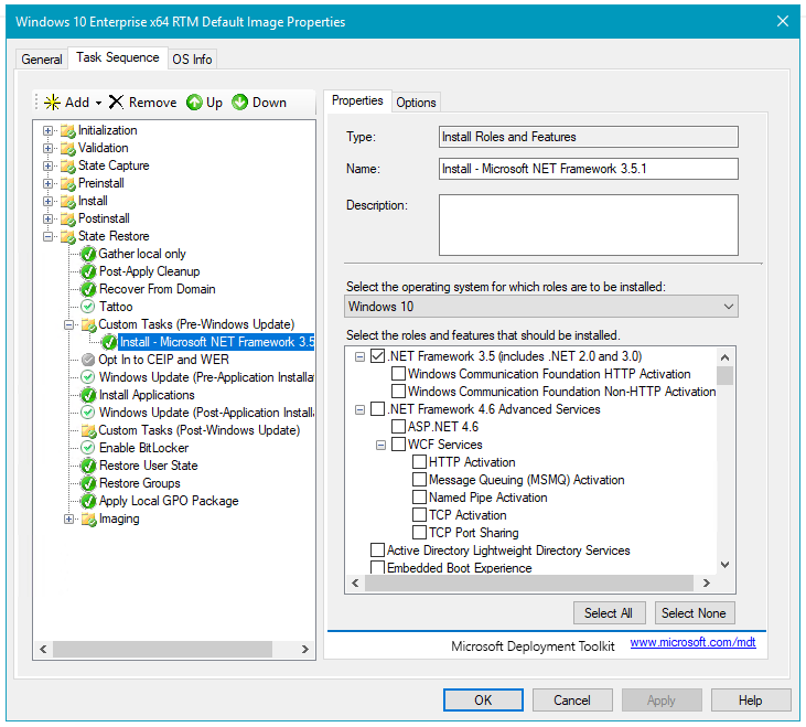 Screenshot of task sequence after creating the custom tasks group and adding the install Microsoft NET framework action.