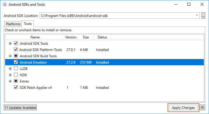 Installing the Android Emulator from the Tools tab