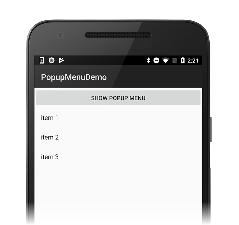 단추와 3개 항목 팝업 메뉴가 있는 앱의 예
