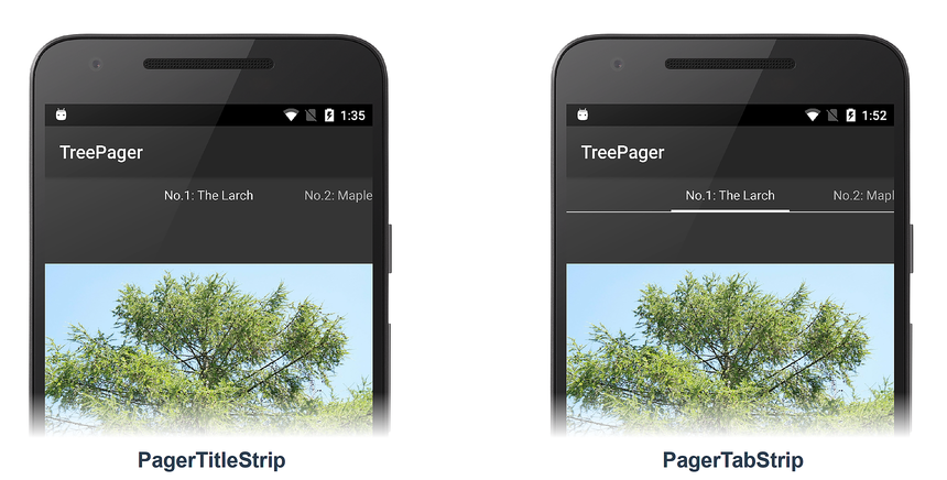 PagerTitleStrip 및 PagerTabStrip이 있는 TreePager 앱의 스크린샷