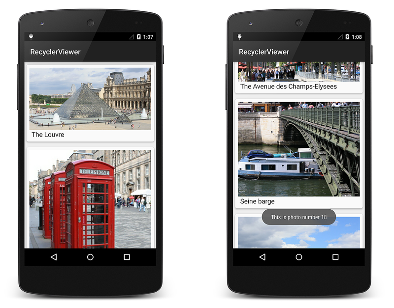 CardView를 사용하여 사진을 표시하는 RecyclerView 앱의 두 스크린샷