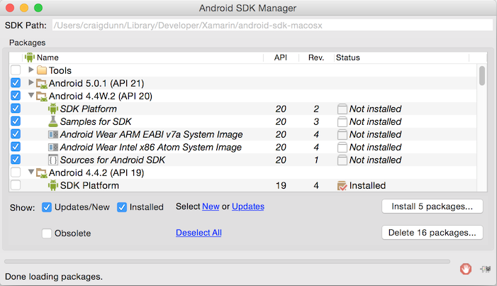 Android 4.4 및 5.0.1 구성 요소를 사용하도록 설정하는 예제 SDK Manager 스크린샷