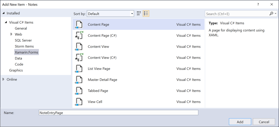 ContentPage 추가 Xamarin.Forms