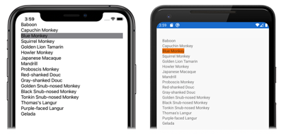 CollectionView 항목 선택 iOS 및 Android의 항목 선택에 응답하는 CollectionView 스크린샷