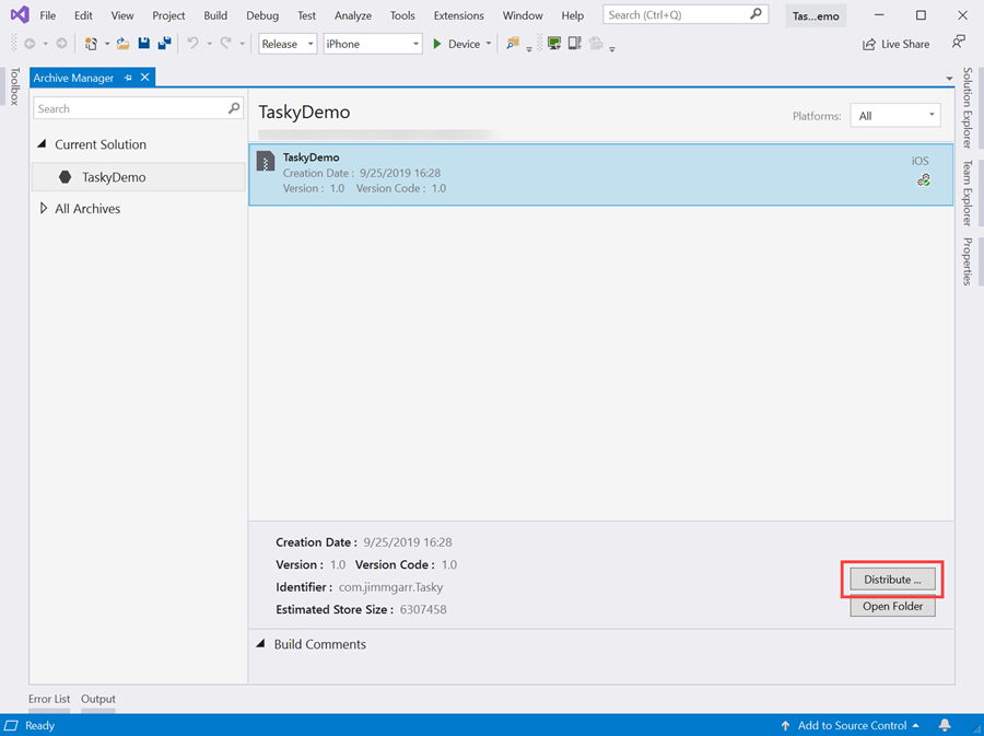 Screenshot of the distribute button location in the archive manager view.