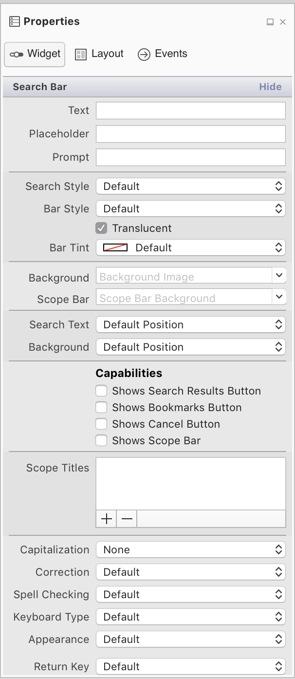 Search bar properties designer