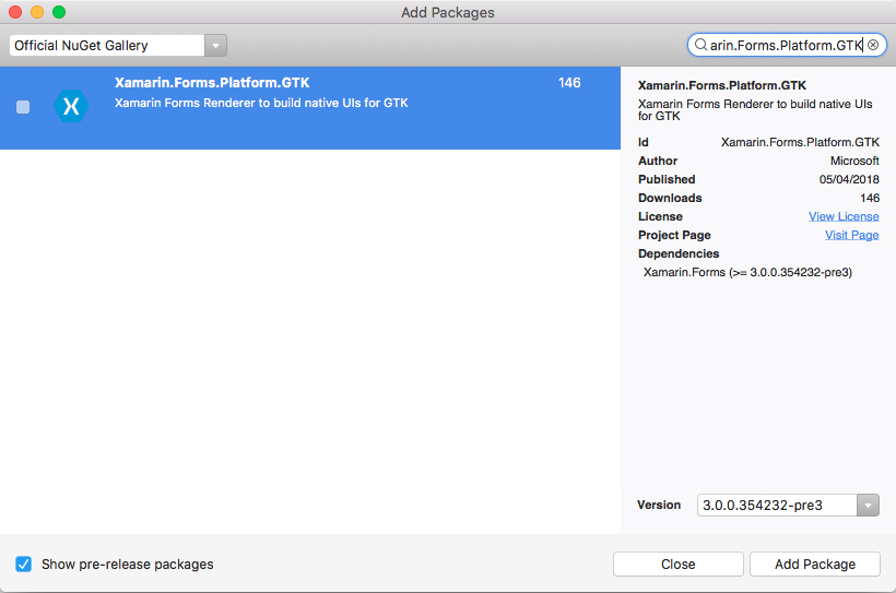 를 Xamarin.Forms선택합니다. Platform.GTK NuGet 패키지 를 Xamarin.Forms선택합니다. Platform.GTK NuGet 패키지