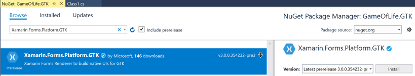 를 Xamarin.Forms선택합니다. Platform.GTK NuGet 패키지 를 Xamarin.Forms선택합니다. Platform.GTK NuGet 패키지