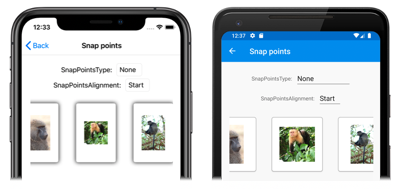맞춤 지점이 없는 CarouselView iOS 및 Android에서 스냅 포인트가 없는 CarouselView의 스크린샷